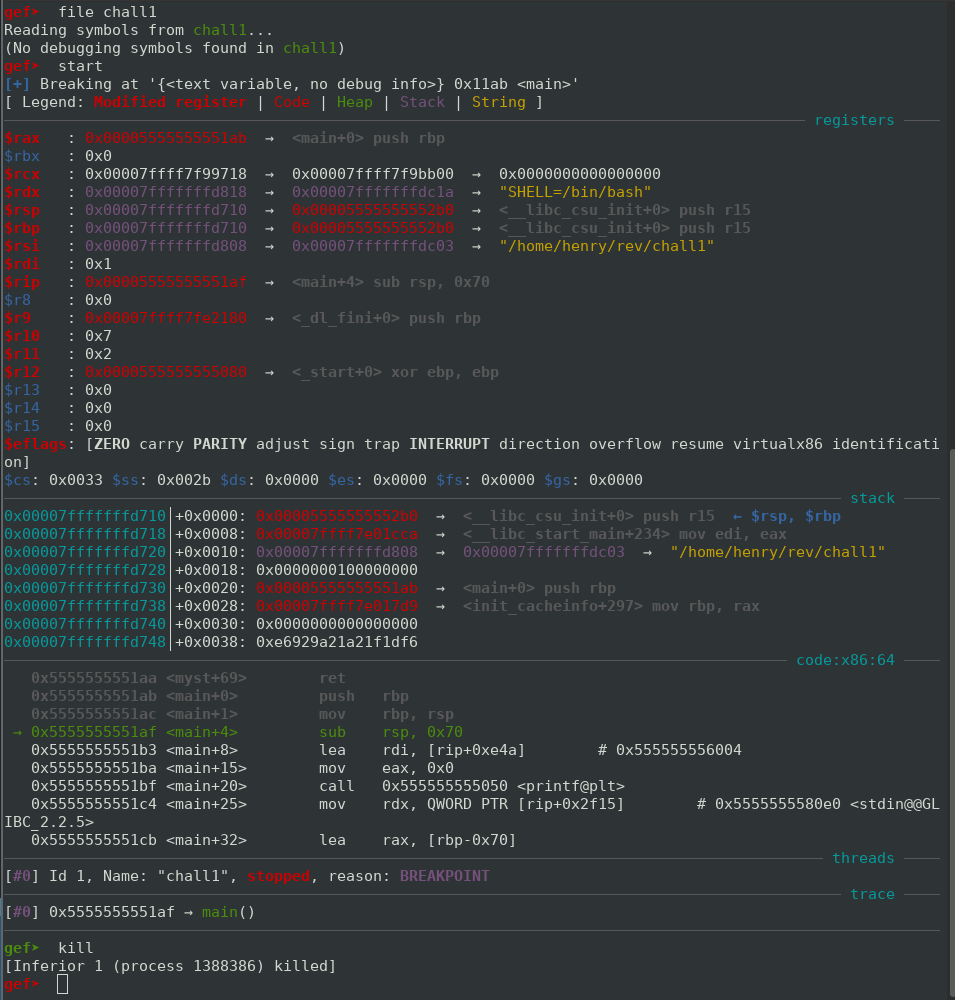 Running and stopping a process in GDB